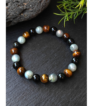 Bracelet "protection" en Labradorite, Oeil de Tigre et Obsidienne Noire