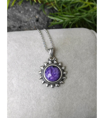 Collier & Pendentif Soleil en Pierre Charoite Argent sterling 925