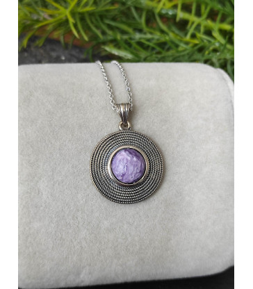 Pendentif Rond en Pierre Charoite - Argent sterling 925