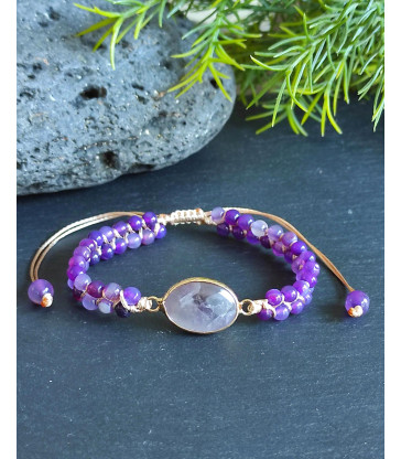 Bracelet Agate Violette et Améthyste réglable