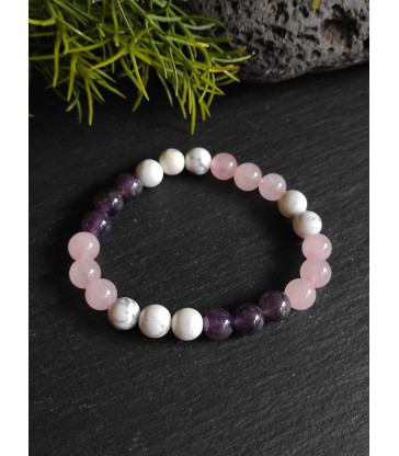 Bracelet " Sérénité " Pierre naturelle Howlite, Quartz Rose & Améthyste