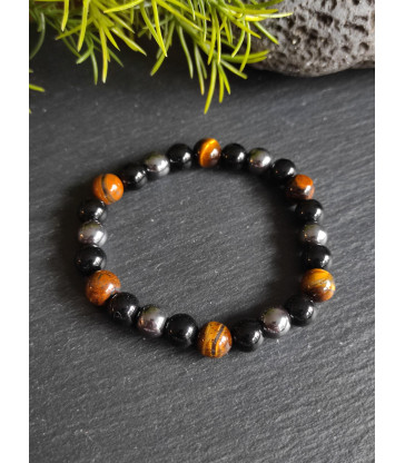 Bracelet " Triple Protection " en pierre naturelle Oeil de Tigre, Obsidienne & Hématite