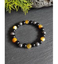 Bracelet " Triple Protection " en pierre naturelle Oeil de Tigre Jaune Brun, Obsidienne & Hématite