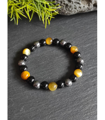 Bracelet " Triple Protection " en pierre naturelle Oeil de Tigre Jaune Brun, Obsidienne & Hématite