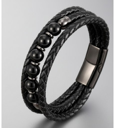 Bracelet Obsidienne noire en cuir