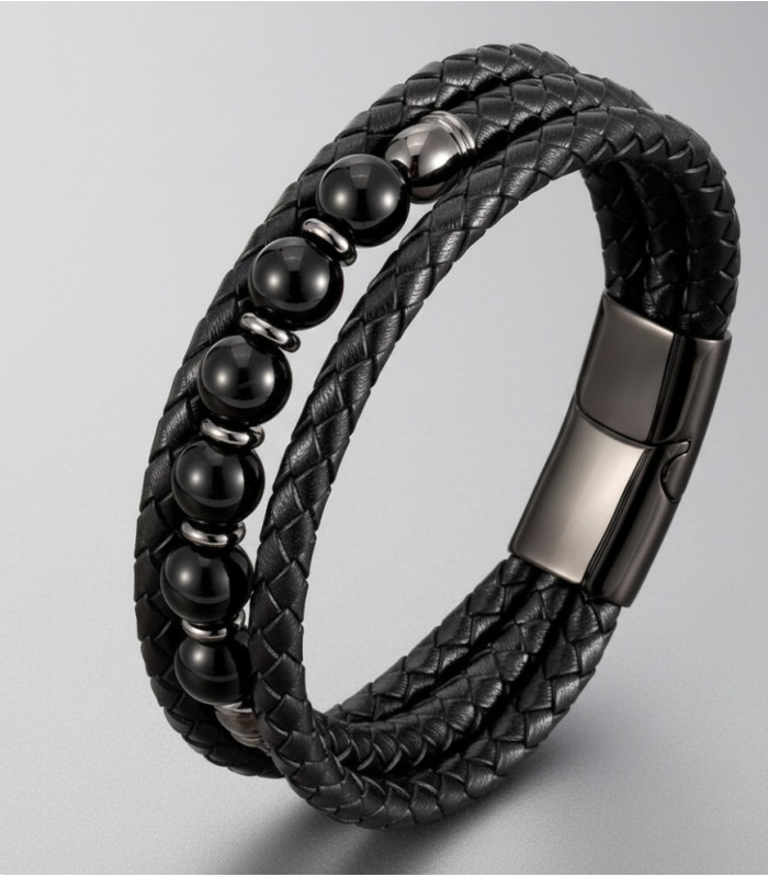 Bracelet Obsidienne noire en cuir