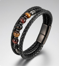 Bracelet Oeil de tigre et Oeil de Taureau en cuir
