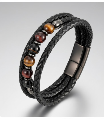 Bracelet Oeil de tigre et Oeil de Taureau en cuir