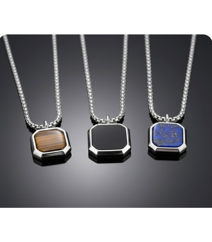 Pendentif Oeil de Tigre, Obsidienne Noire et Lapis Lazuli