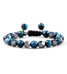 Bracelet Oeil de Tigre Bleu et Hématite ajustable