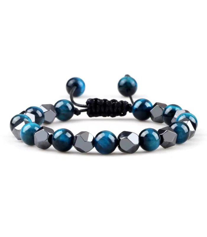 Bracelet Oeil de Tigre Bleu et Hématite ajustable