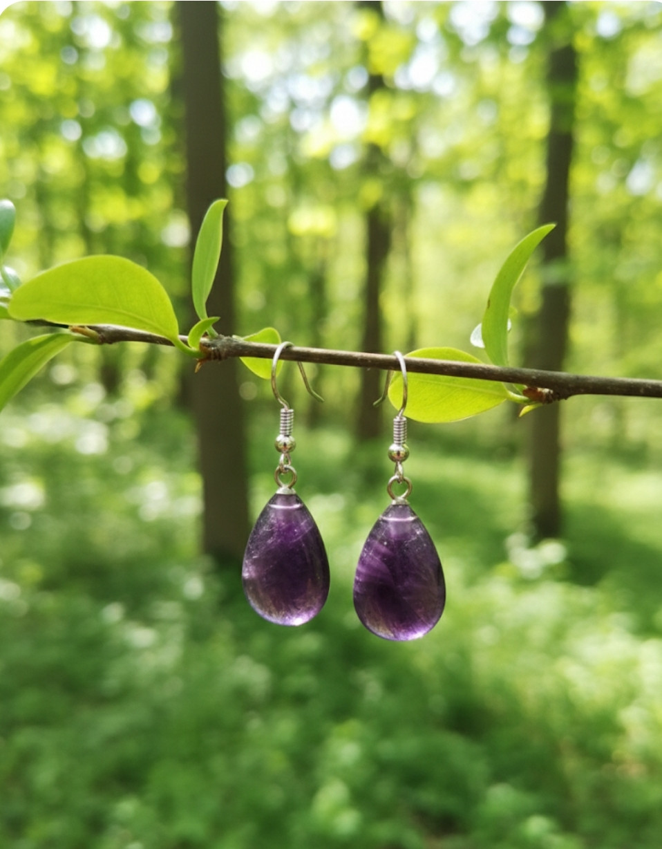 Boucles D'oreilles Pendantes Faites Main – Argent Tibétain Et Perles Pierre Violette