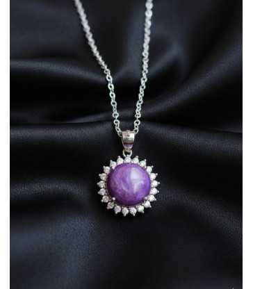 Pendentif en Pierre Charoite & Zirconium - Argent 925 sterling