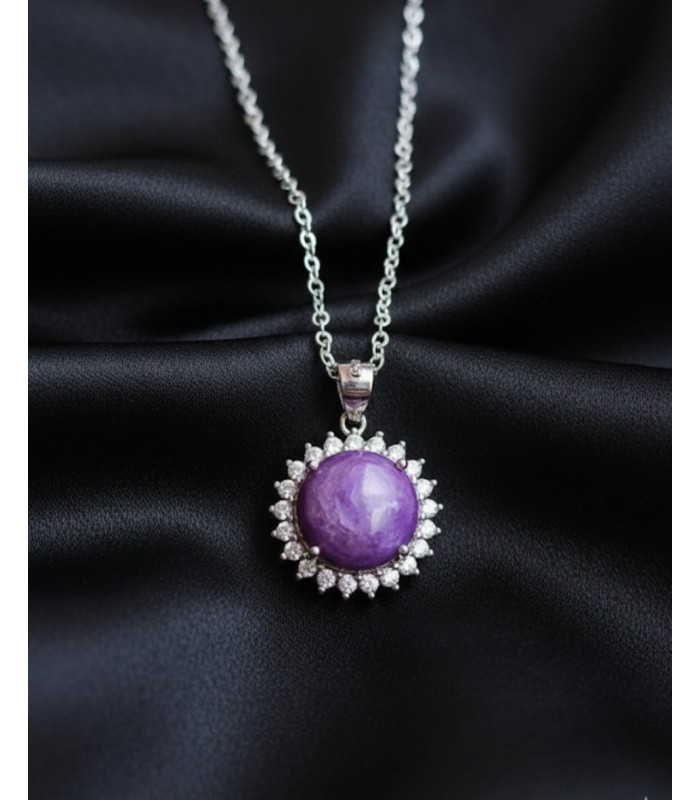 Pendentif en Pierre Charoite & Zirconium - Argent 925 sterling