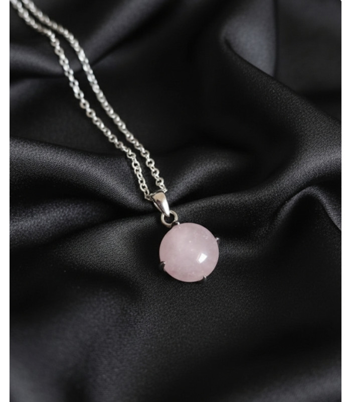 Pendentif Rond en Quartz Rose Argent 925 Sterling