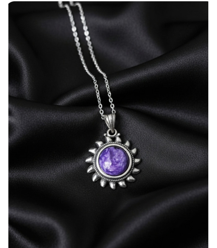 Pendentif Soleil en Pierre Charoite Argent 925