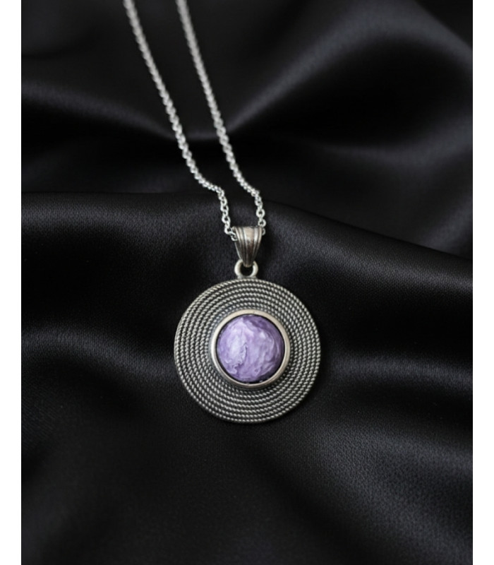Pendentif Rond en Pierre Charoite - Argent 925