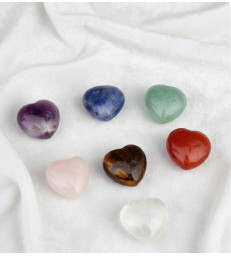 Ensemble 7 coeurs - pierre de guérison chakras + plaque en bois fleur de vie