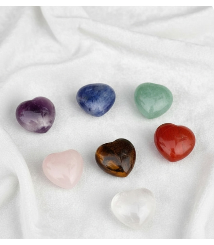 Ensemble 7 coeurs - pierre de guérison chakras + plaque en bois fleur de vie