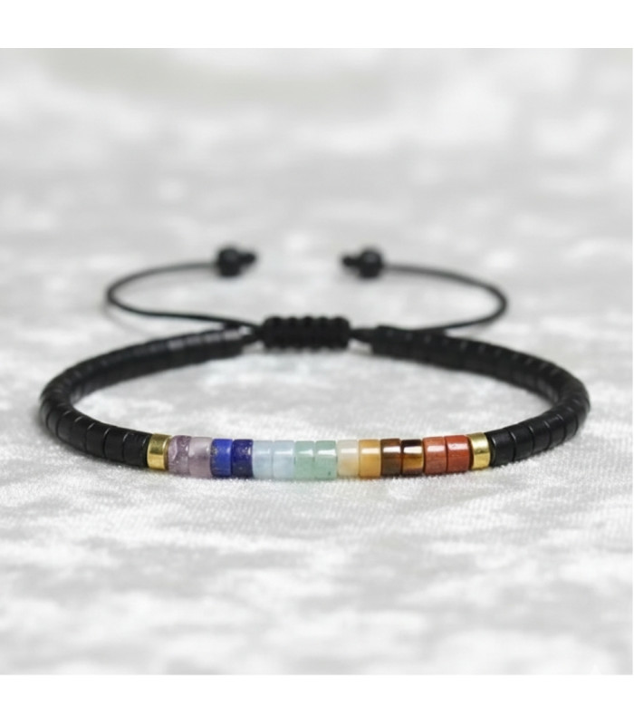 Bracelet Obsidienne noire 7 chakras Ajustable