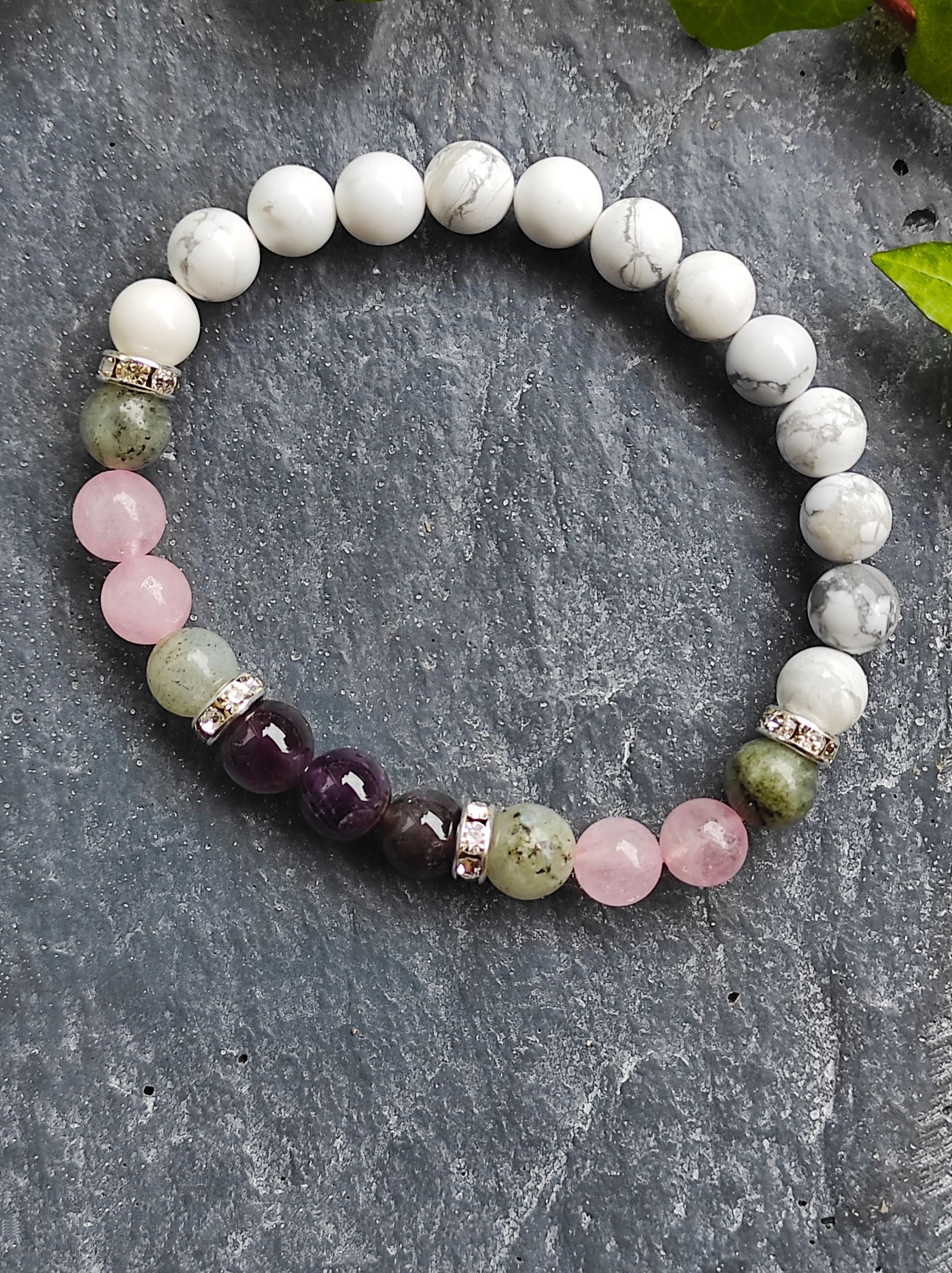 Bracelet pierre naturelle d'améthyste lavande et quartz rose, or