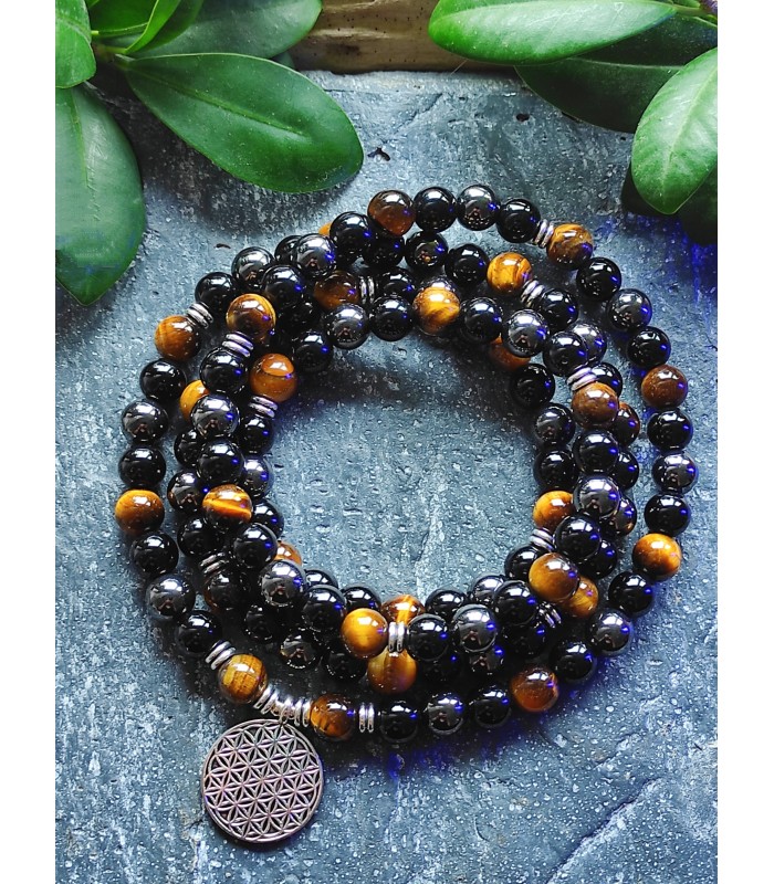 Bracelet Mala " Triple Protection " en pierre naturelle Oeil de Tigre, Obsidienne Noire & Hématite