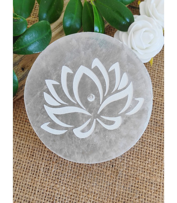 Plaque de sélénite "Fleur de Lotus" 2 en 1   Portes-encens & rechargements des minéraux