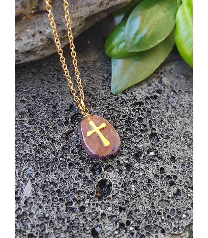 Pendentif croix jésus en pierre d'améthyste