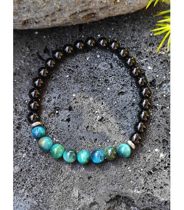 Bracelet " Protection " en pierre naturelle Onyx & Oeil de Tigre Bleue