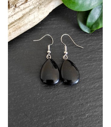 Boucles d'oreilles goutte d'eau en pierre naturelle obsidienne noire