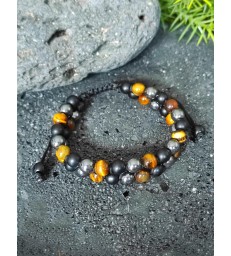 Bracelet Bohème " Triple Protection " en pierre naturelle Oeil de Tigre, Onyx mat & Hématite
