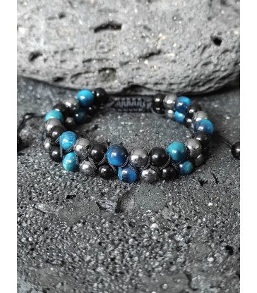 Bracelet " Triple Protection " en pierre naturelle Oeil de Tigre Bleu, Obsidienne & Hématite - Ajustable